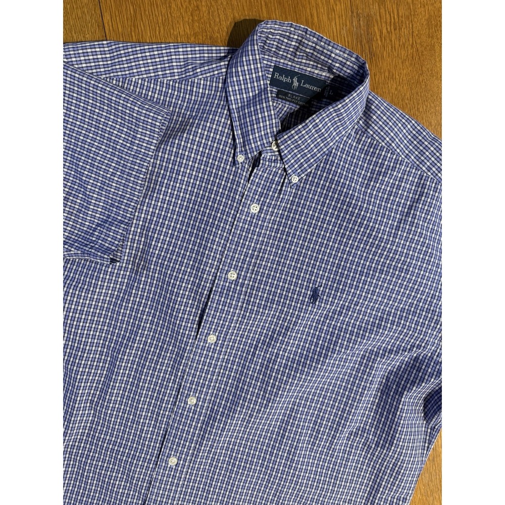 VTG Polo Ralph Lauren Shirt Mens L Blue White Gingham Check Oxford S/S Blue Pony